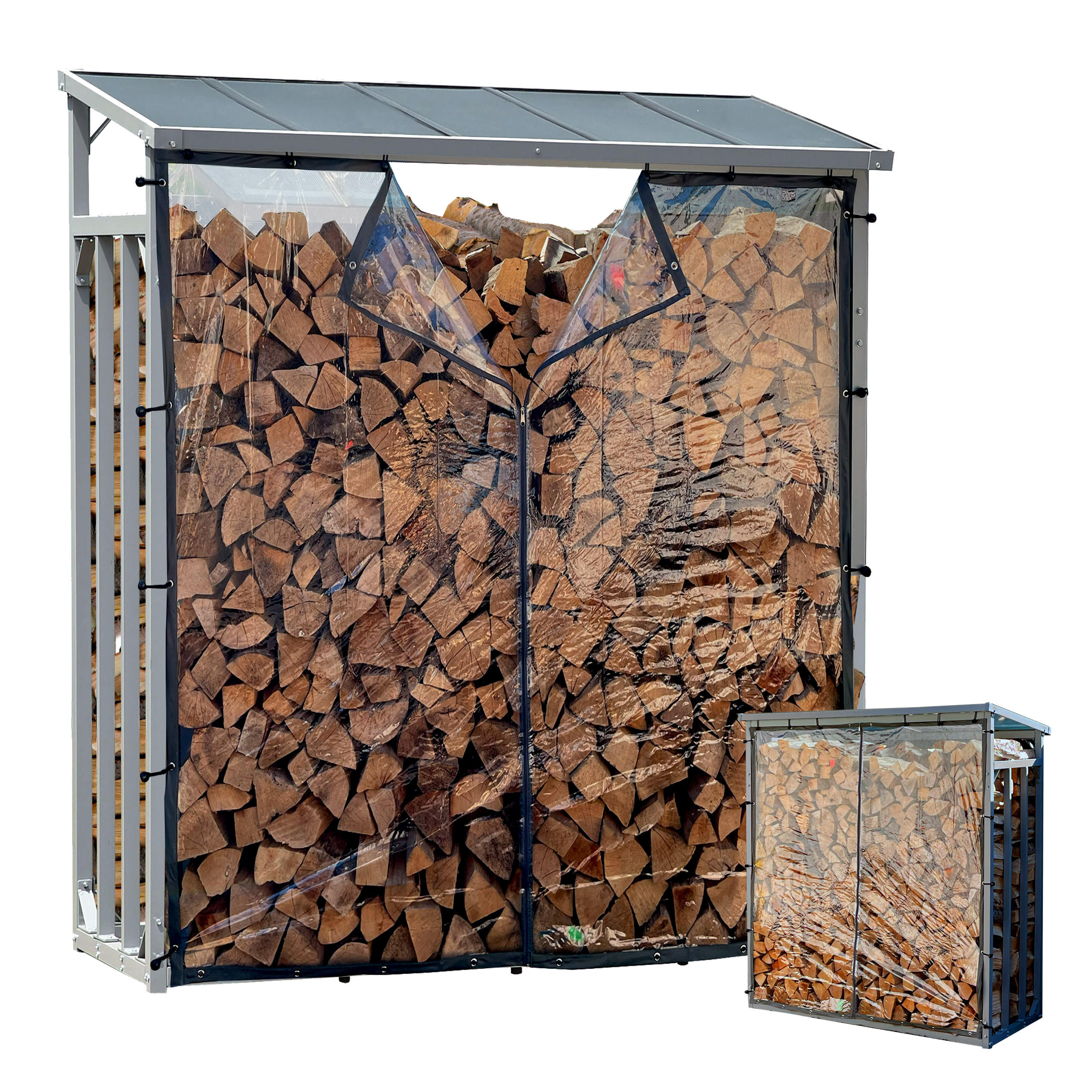 KAMINHOLZREGAL Außen Pro 130/70/185 cm Aluminium Grau mit Wetterschutz Transparent 1,6 m³ / 2,5 SRM - Transparent/Grau, Metall (130/185/70cm) - QUICK STAR