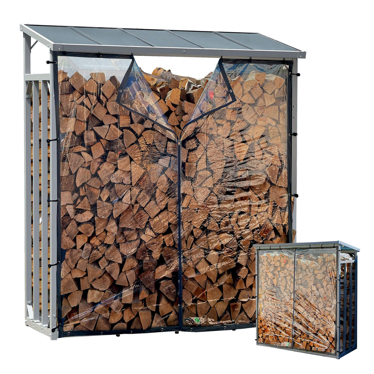 KAMINHOLZREGAL Außen Pro 130/70/185 cm Aluminium Grau mit Wetterschutz Transparent 1,6 m³ / 2,5 SRM - Transparent/Grau, Metall (130/185/70cm) - QUICK STAR