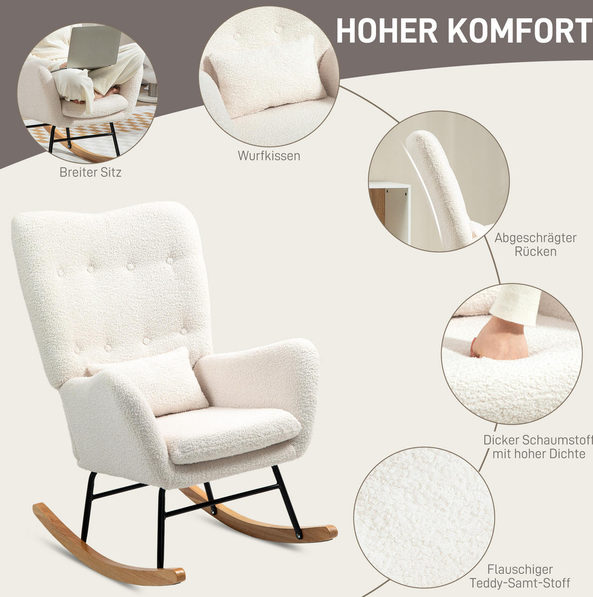HOUPACÍ křeslo 69/92/100 cm s područkami a bederním polštářkem, pěna, Krémově bílá - krémová, textil (69/100/92cm) - Redom