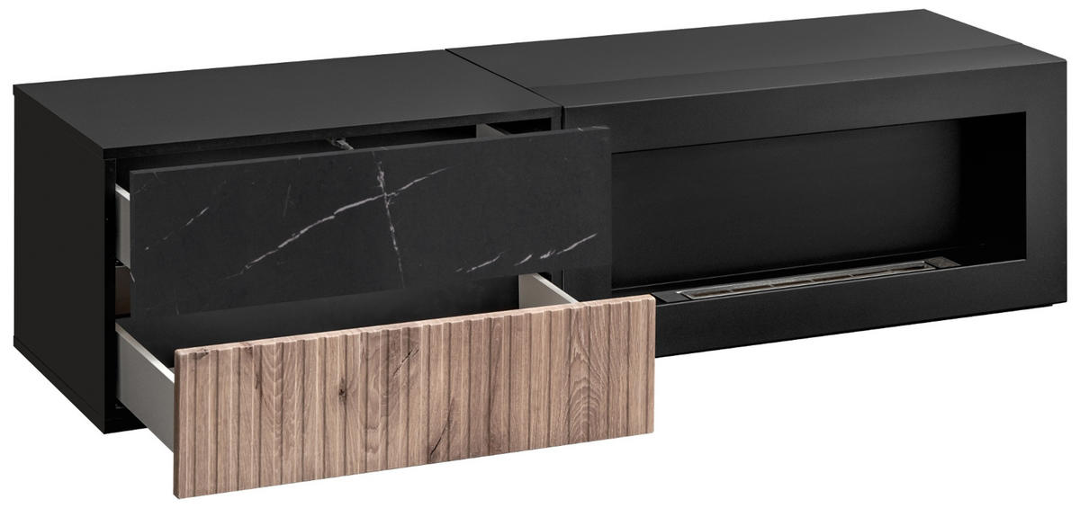 TV-LOWBOARD Eiche, Marmor schwarz 160 cm, TV Unterschrank Set mit Ethanol Kamin - Eichefarben/Schwarz, Holzwerkstoff/Kunststoff (160/180/45cm) - Inn.Furn