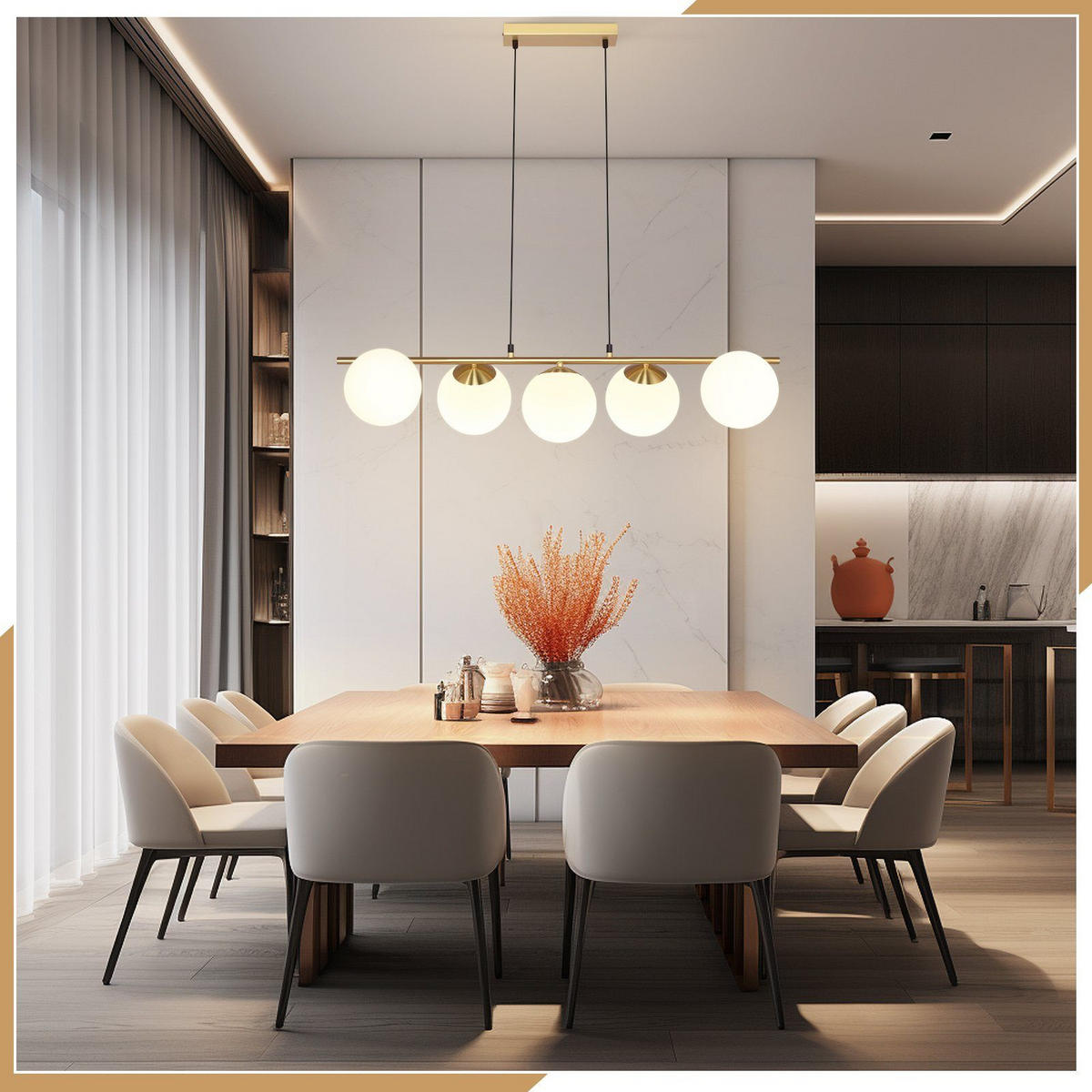 HÄNGELEUCHTE Lorenz 5-flammig 90/20/174 cm - Goldfarben, Metall (90/20/174cm) - Nettlife