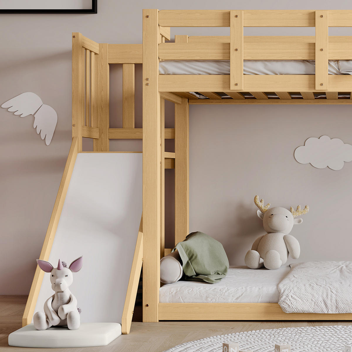 ETAGENBETT 90/200 cm Natur mit Rutsche und Bettvorhang aus MDF/Kiefer - Naturfarben, Holzwerkstoff (90/200cm) - OKWISH