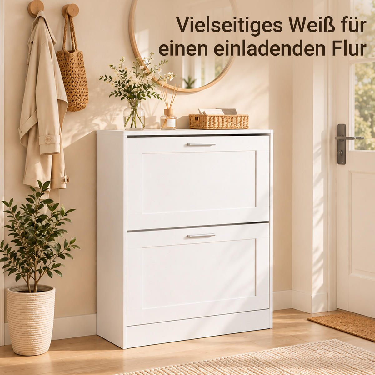 SCHUHSCHRANK Weiß, 60 cm breit, 23 cm tief, 79 cm hoch, 2 Klappen, ca. 8 Paar Schuhe, für Flur und hinter der Tür - Weiß, Holzwerkstoff (60/80/25cm) - SoBuy