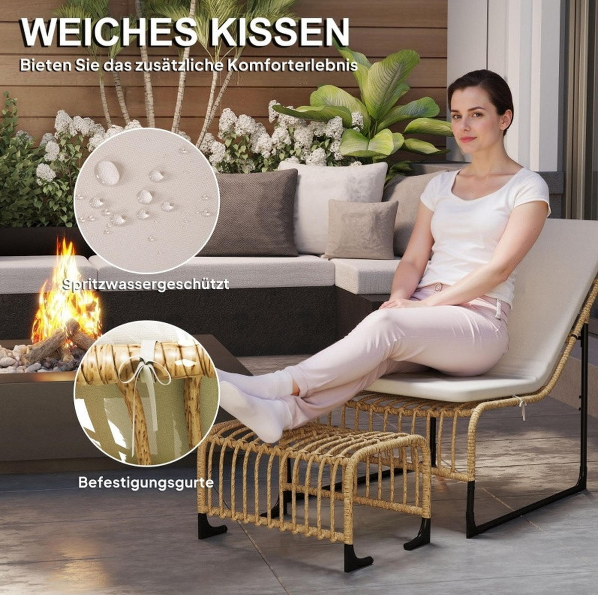 GARTENSESSEL-SET 65/93/80 cm mit Fußhocker, Kissen und UV-beständigem Rattan, Cremeweiß - Beige, Metall (65/80/96cm) - Redom