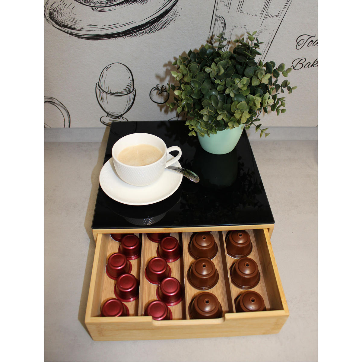 KAFFEEKAPSEL-REGAL mit Schublade, Holz mit Glasplatte - Schwarz, Holz - 5five Simply Smart