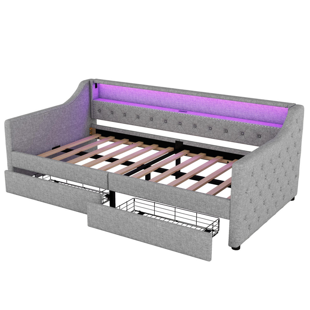 DENNÁ posteľ 90/200 cm sivá z ľanu a MDF s LED osvetlením USB portom a 2 zásuvkami - sivá, textil (90/200cm) - OKWISH