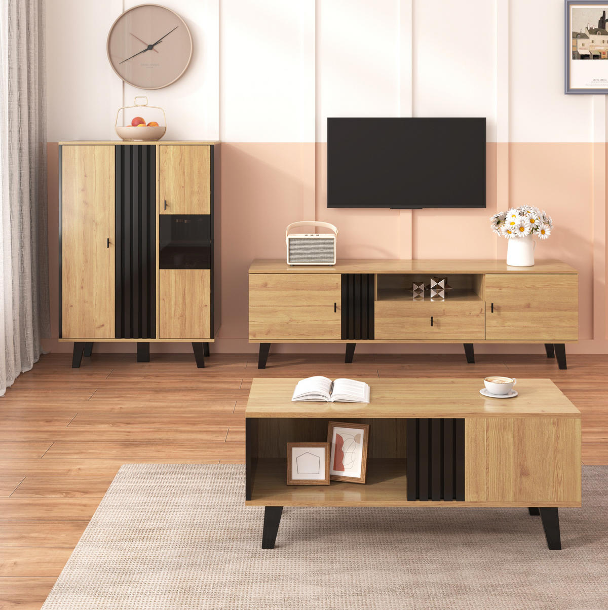 TV-LOWBOARD aus Glas und Spanplatte 170x40x50,5 cm Schwarz/Naturfarben mit 2 Türen, Schublade und offenem Fach - Schwarz, Holzwerkstoff (170/50.5/40cm) - Modfu