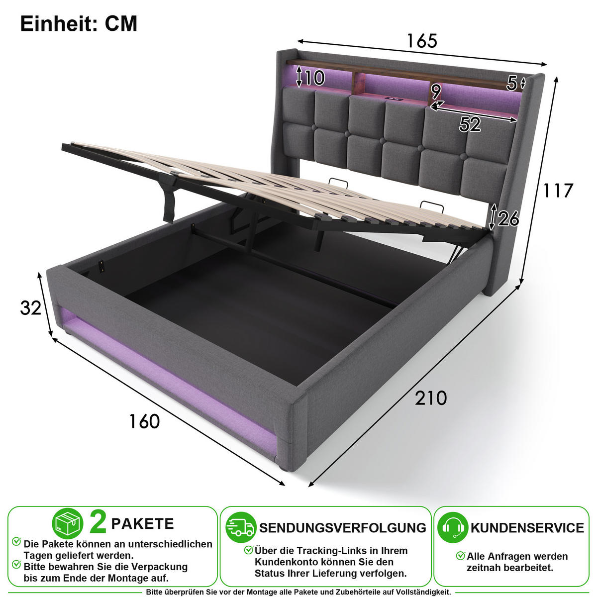 POLSTERBETT 160/200 cm in Grau Leinen mit Bettkasten, LED, USB und Ablage - Grau, Holzwerkstoff/Textil (160/200cm) - CHICFURN