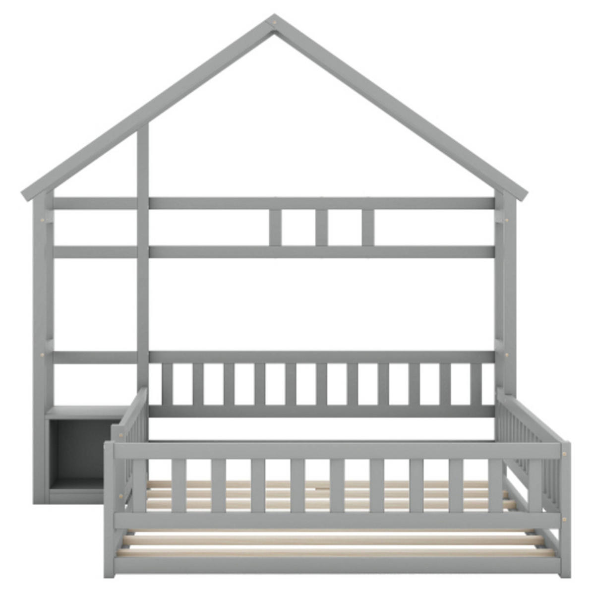 HAUSBETT 140 × 200 cm aus massivem Kiefernholz mit hohem Sicherheitsgeländer und Nachttisch, grau - Grau, Holz - Luhomfu