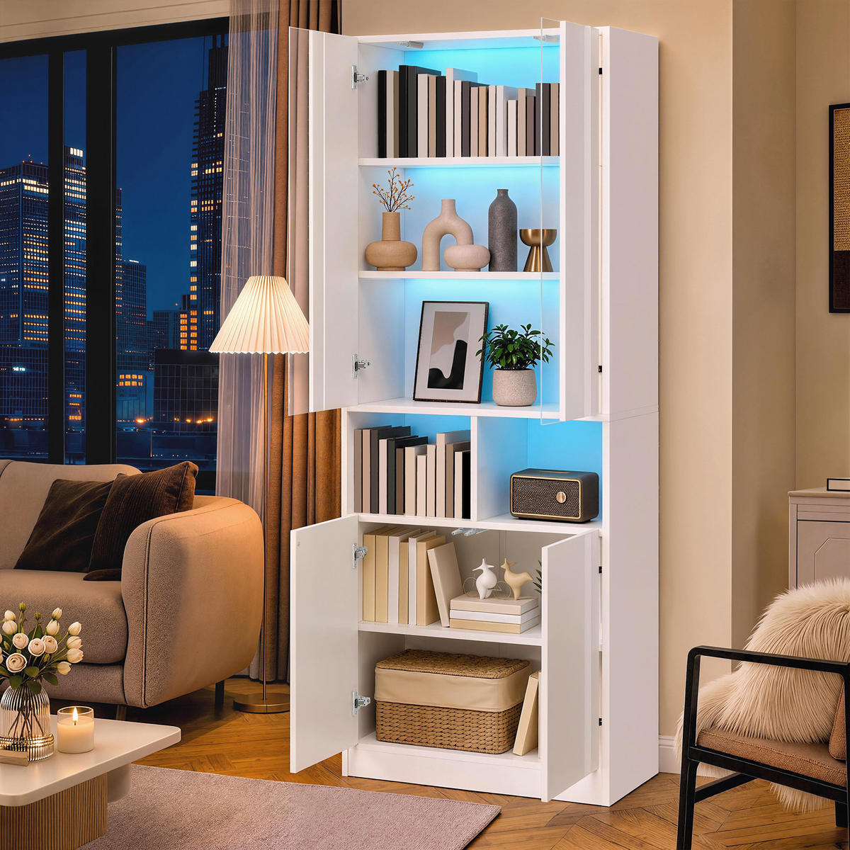 HOCHSCHRANK mit Acrylglas, LED und 2 Türen - Weiß, Holzwerkstoff (70/180/35cm) - FLIEKS