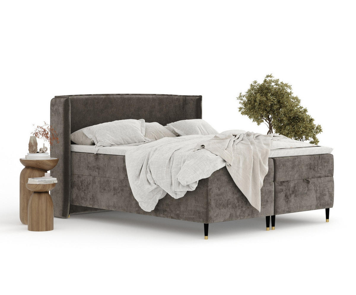 BOXBETT Monpelli Dunkelbraun 160/200 cm mit Matratze und Topper - Dunkelbraun/Schwarz, Holz/Holzwerkstoff (160/200cm) - Maison de Reve