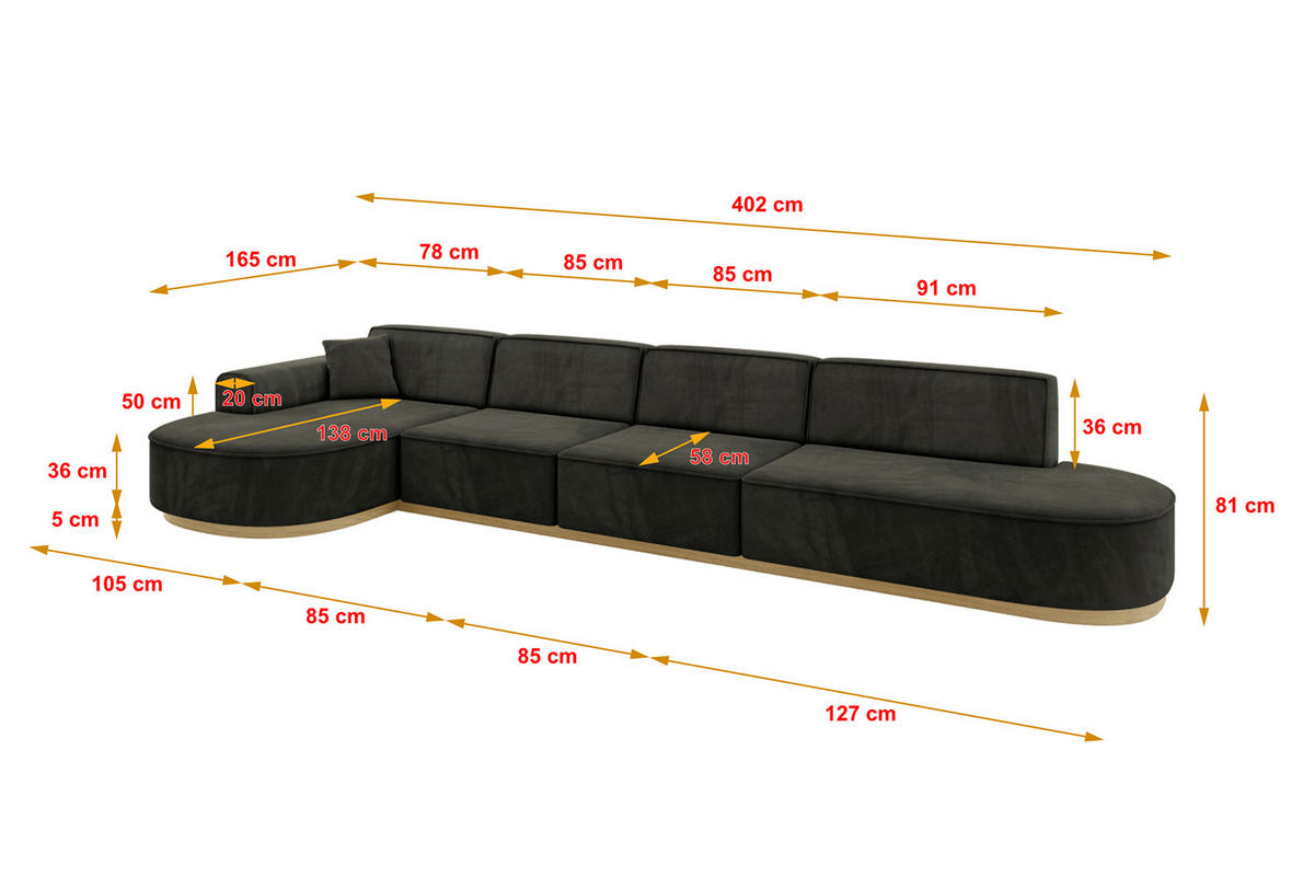 ECKSOFA Ottomane Links MARI-L3-v2 - 413x171x83 cm Schwarz Velours - Schwarz, Holzwerkstoff/Textil (413/171cm) - ALTDECOR