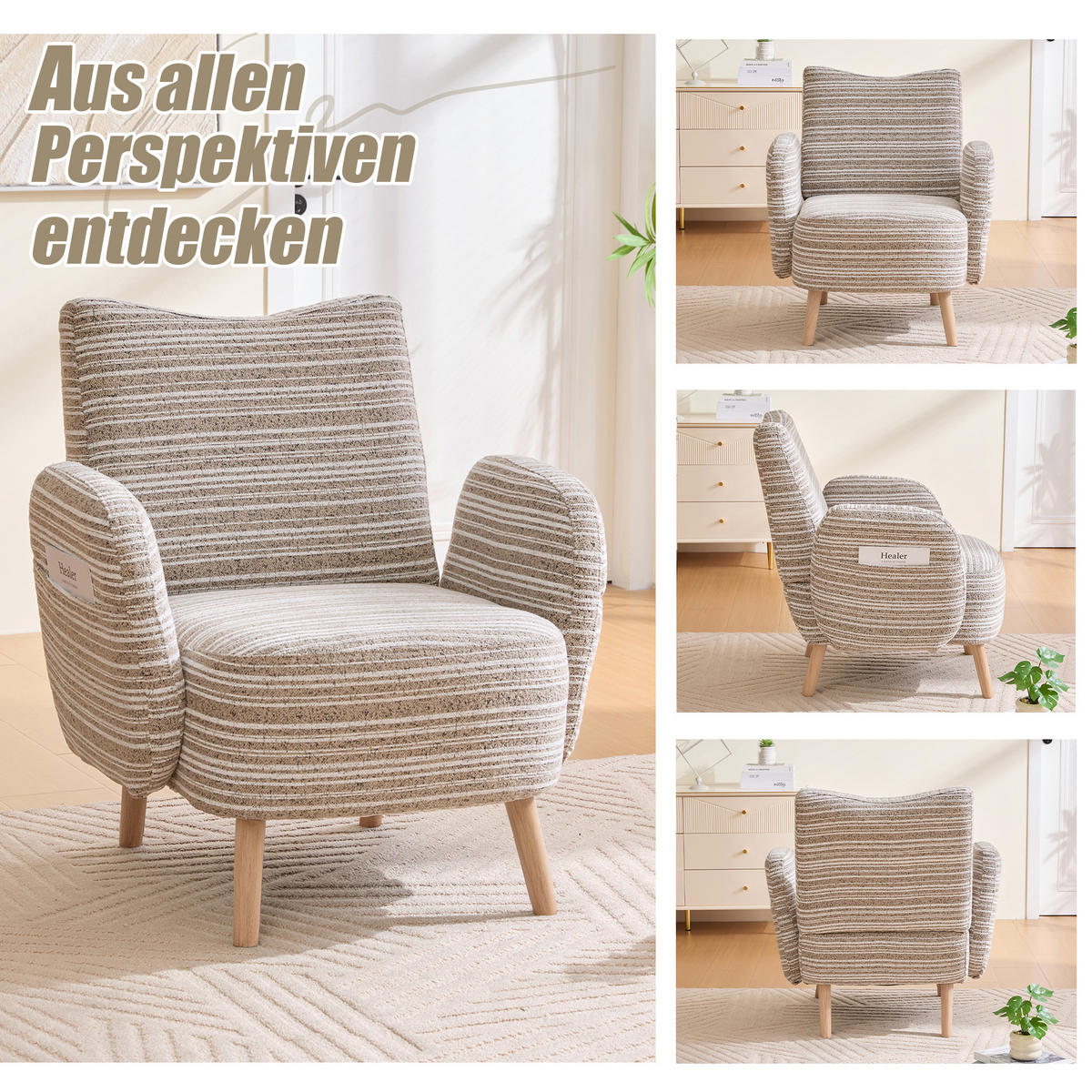 POLSTERSESSEL mit Kreismuster 77x81x87 cm Holzbeine - Beige, Textil/Metall (77/87/81cm) - PARAFTA HOME