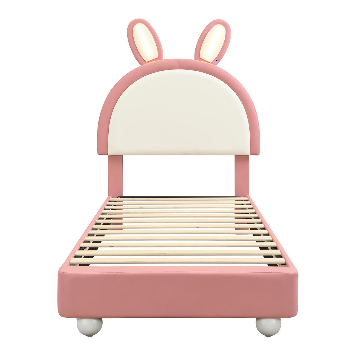 KINDERBETT 90/200 cm mit LED-Lichtleiste, Hasen-Kopfteil und weicher Antikollisionskante, Rosa/Weiß - Weiß, Kunststoff (90/200cm) - Redom