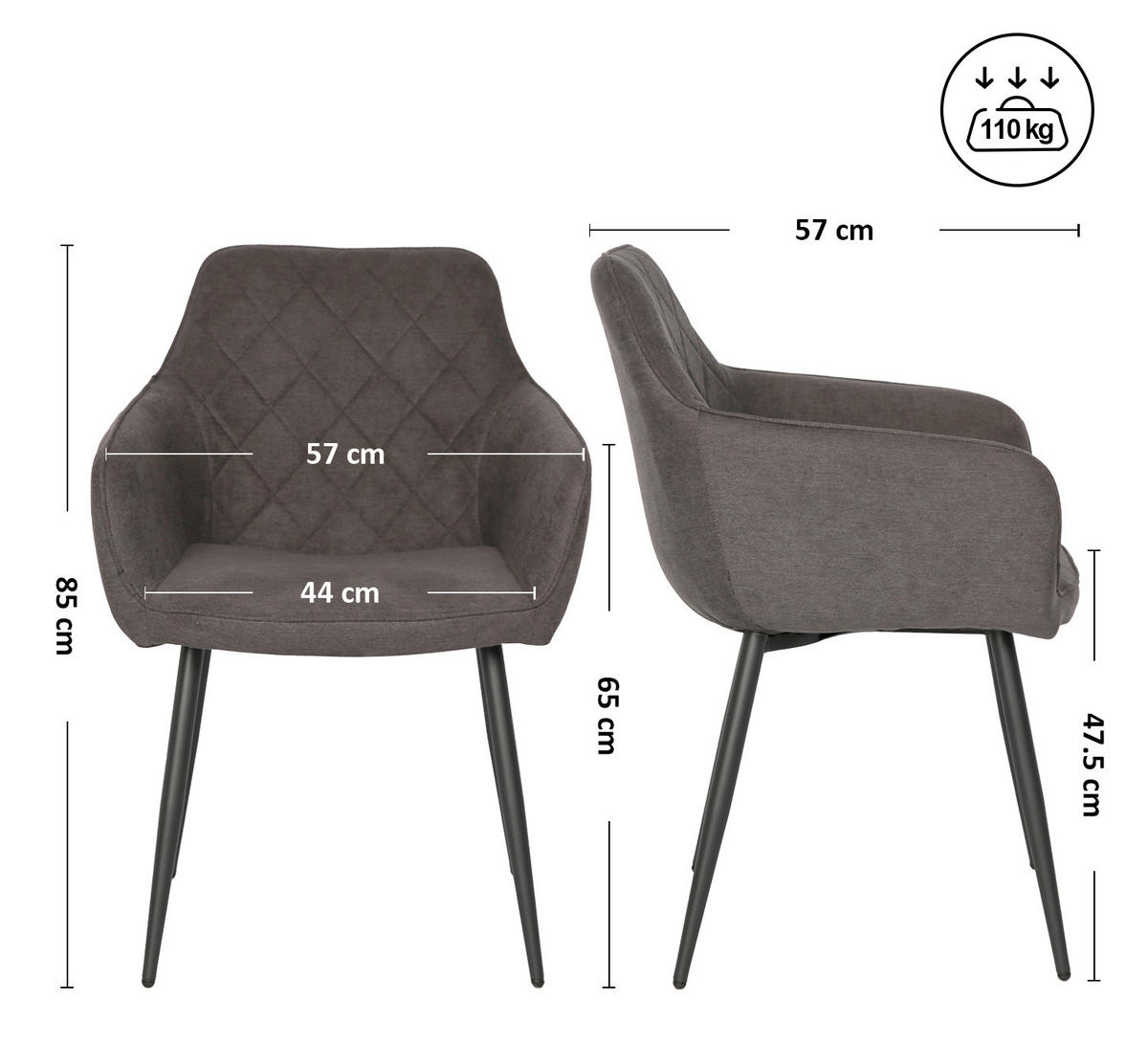 POLSTERSTUHL Dunkelgrau 2er Set - Dunkelgrau, Textil (57/65/57cm) - Home Collective