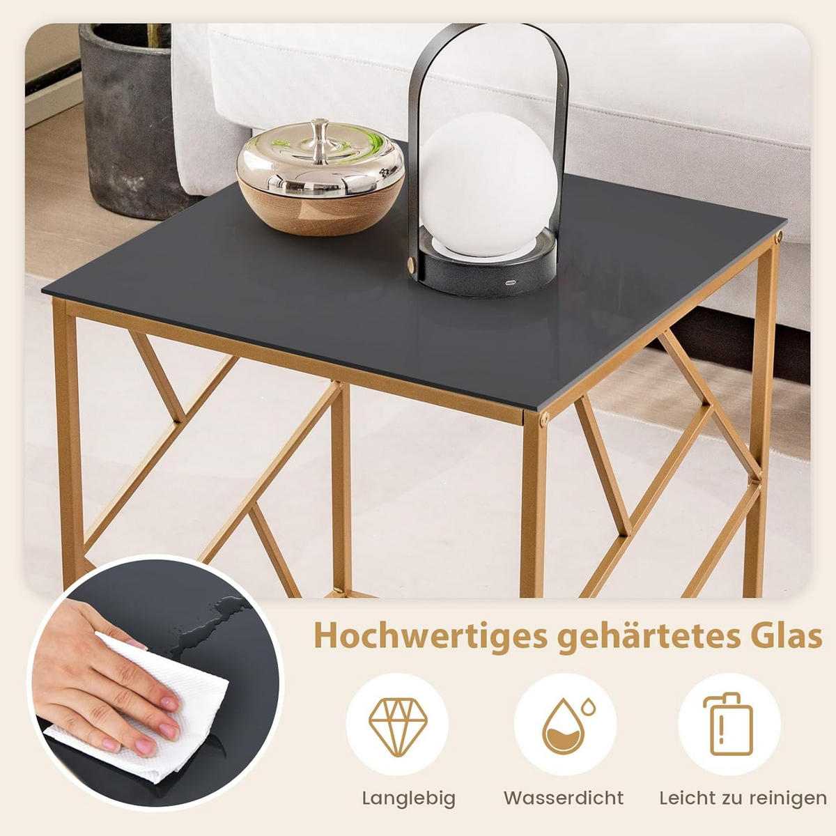 BEISTELLTISCH 55cm Gold - Goldfarben, Glas (50/50/55cm) - COSTWAY