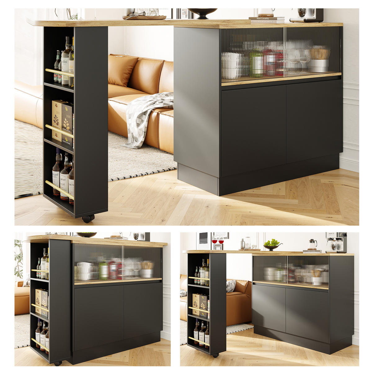 BARTISCH 90/45/100 cm Schwarz drehbares Sideboard aus MDF mit Glasschiebetür - Schwarz, Holzwerkstoff (90/45/100cm) - OKWISH