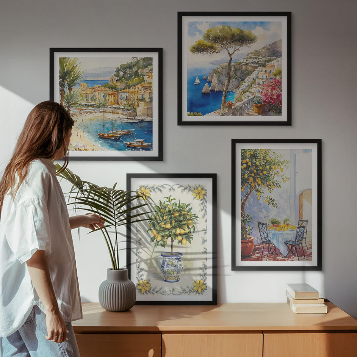 WANDBILDER 4er-Set - 50x50 cm & 40x60 cm Schwarzer Rahmen - Blick auf das Meer aus Zitronenbäumen - Schwarz, Kunststoff (50/50cm) - ArtPrintCave