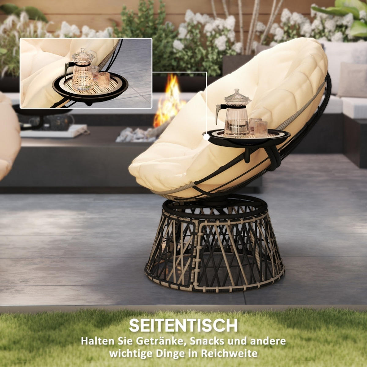 GARTENSTUHL aus Rattan 118x76x88 cm in Beige mit 360° Drehfunktion & Seitentablett - Beige, Metall (118/88/76cm) - Modfu