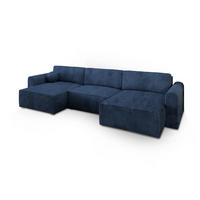WOHNLANDSCHAFT FENTO P Blau Kordstoff mit Schlaffunktion - Blau, Holz (347/90/148cm) - MASSENO