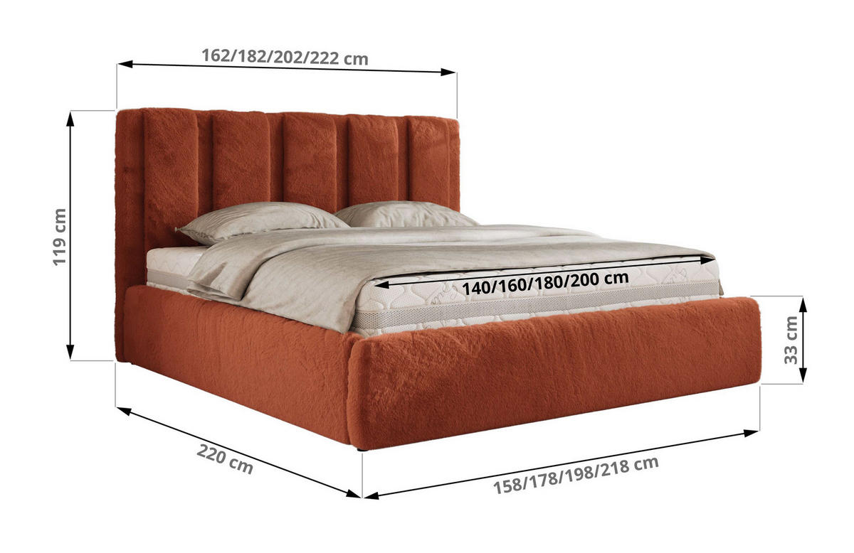 POLSTERBETT SAVINO CLASSIC 160/200 - Orange Plüsch - Pocket-Matratze - Orange, Textil (160/200cm) - MKS