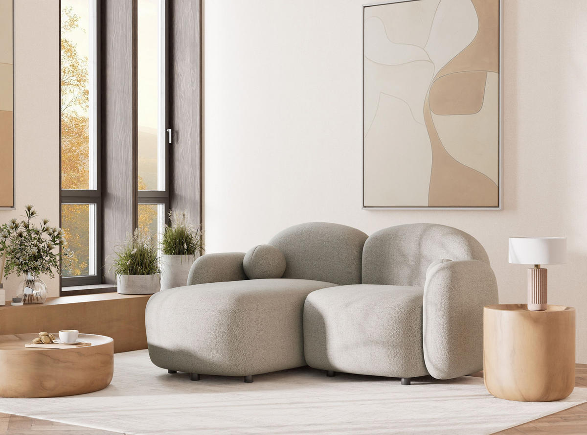ECKSOFA Bahama Seidengrau Webstoff - Links Seite - Greige/Schwarz, Holz/Holzwerkstoff (146/190cm) - Maison de Reve