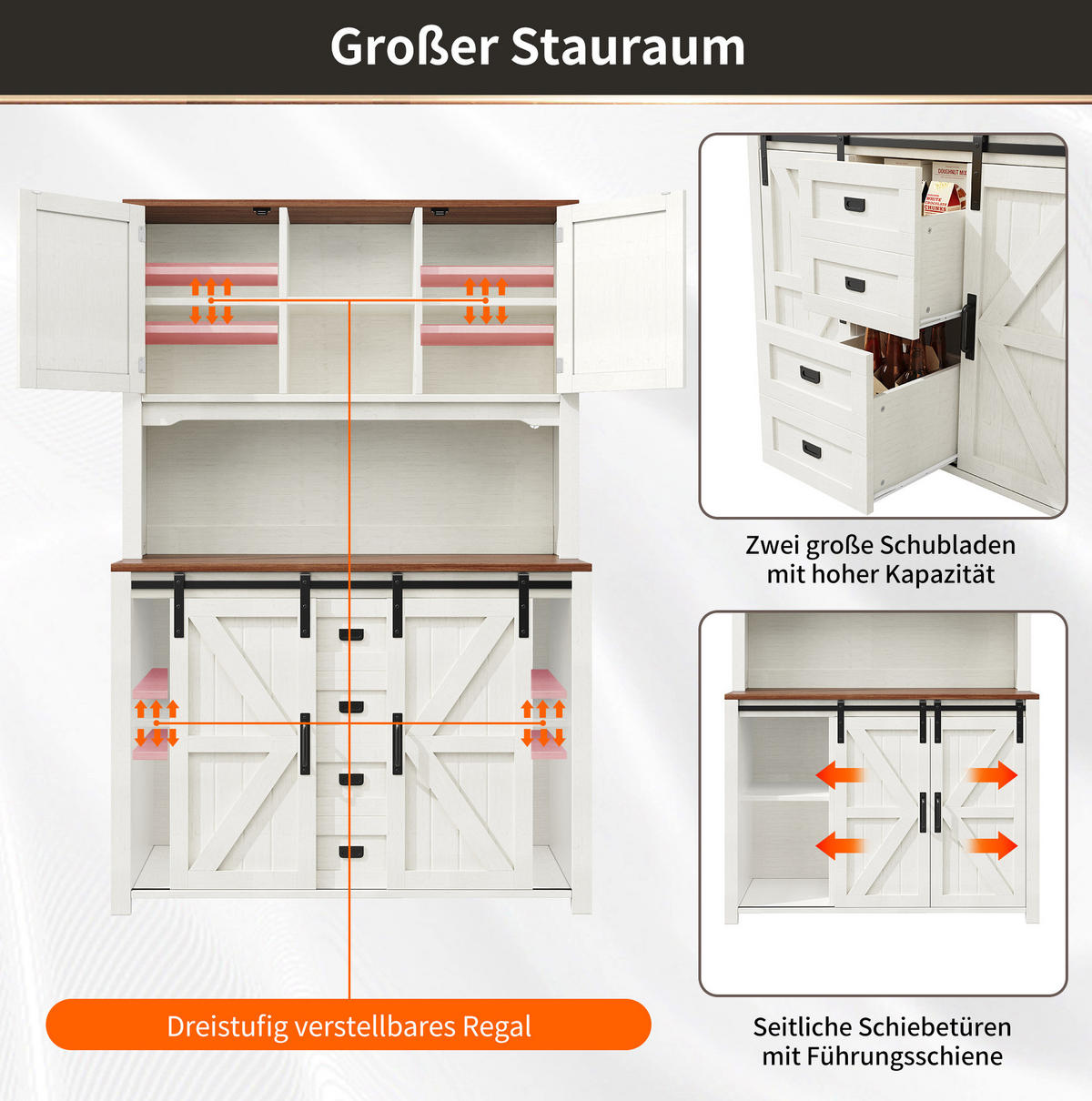 BUFFET 115/40/174,7 cm in Weiß mit LED-Beleuchtung und Schiebetüren - Weiß, Holzwerkstoff (115/174.7/40cm) - Flora Grace