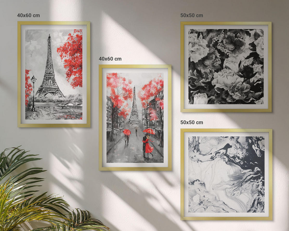 BILDER SET 4er Set - 50x50 cm & 40x60 cm Goldrahmen - graue Gemälde des Eiffelturms - Goldfarben, Kunststoff (50/50cm) - TULUP