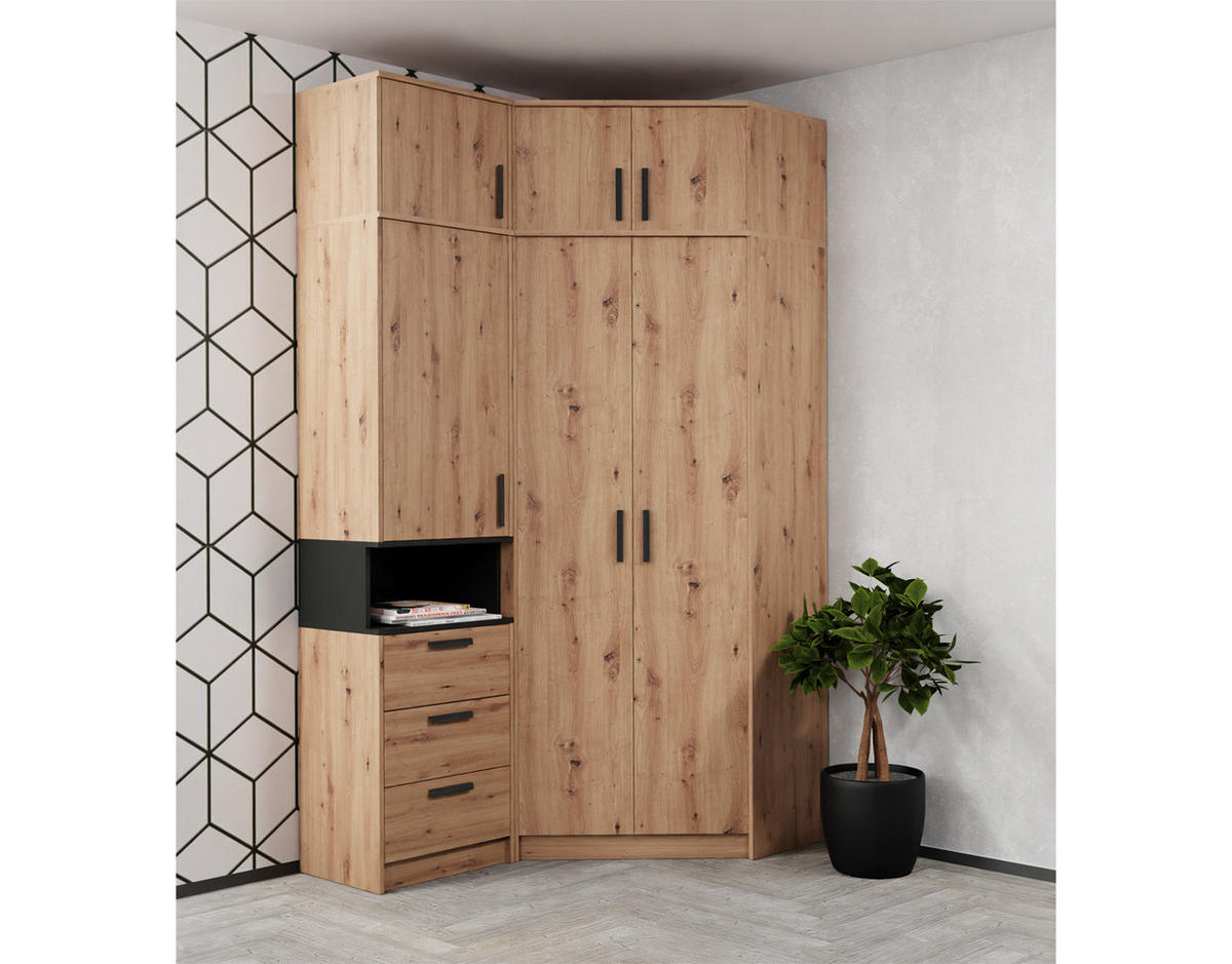 ECKSCHRANK+SCHRANKAUFSATZ GRANT G8+G15/A EICHE ARTISAN 91/235/91 - Schwarz/Eiche Artisan, Holzwerkstoff (91/235/91cm) - Marmex Möbel