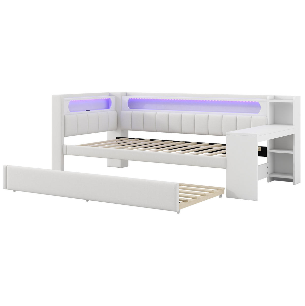 POLSTERBETT 90/200 cm Weiß mit Polsterbett, Schreibtisch und LED-Beleuchtung - Weiß, Holzwerkstoff (90/200cm) - Flora Grace