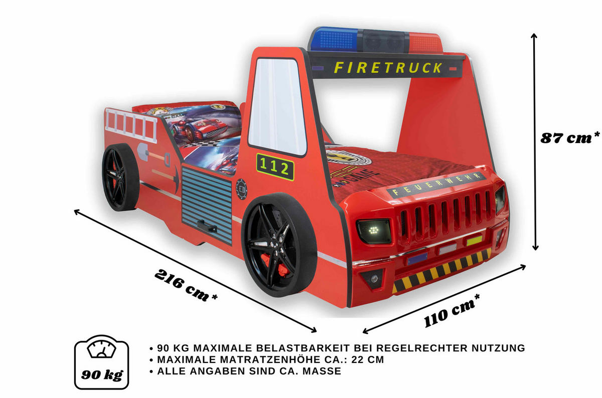 AUTOBETT Firetruck für Kinder 90x200 mit LED Leuchte und Lattenrost - Rot, Holzwerkstoff (90/200cm) - Aileenstore