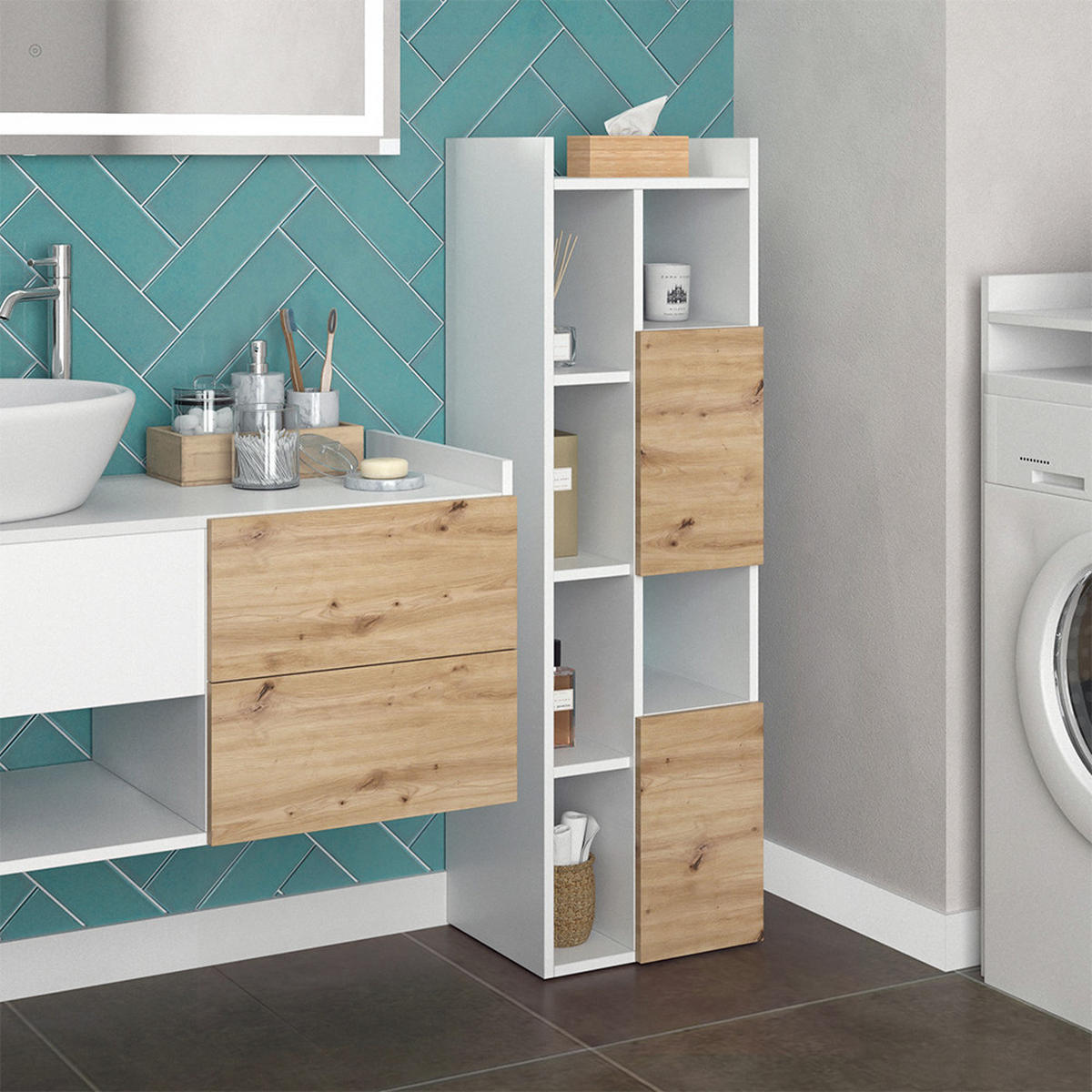 BADSCHRANK Alf Weiß 36 x 117 cm mit 2 Schubladen - Weiß, Holzwerkstoff (36/117/36cm) - Vicco