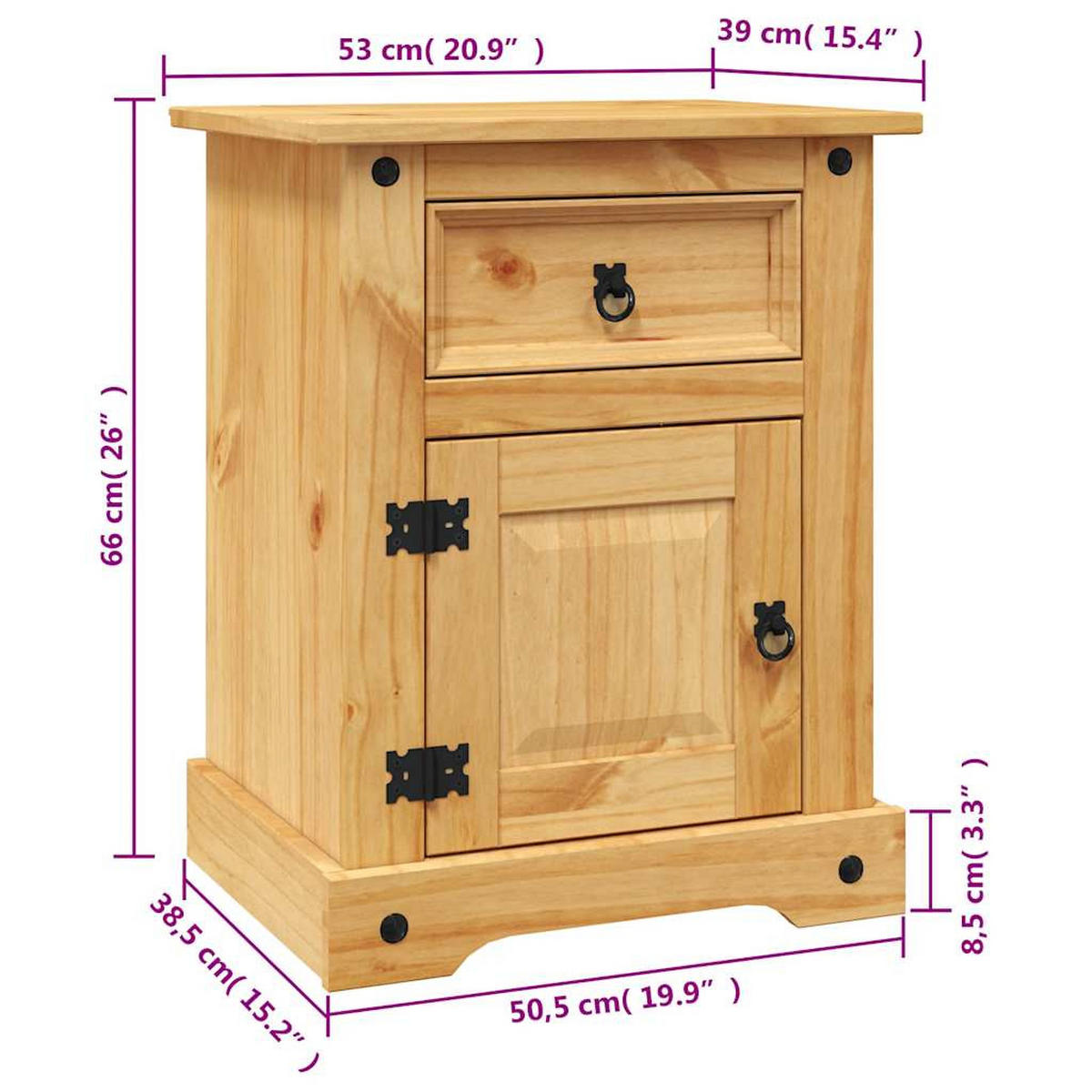 NACHTTISCH Im Mexiko-Stil mit 1 Schublade, 1 Tür 53/39/66 cm aus Massivholz Kiefer - Schwarz/Braun, Holz/Metall (53/66/39cm) - vidaXL