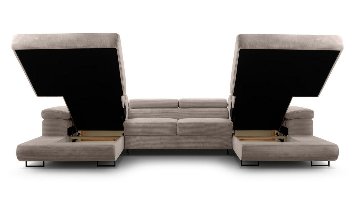 WOHNLANDSCHAFT Arborio Beige 352/202/90 cm mit Schlaffunktion - Beige/Schwarz, Textil/Metall (352/90/202cm) - AX Living