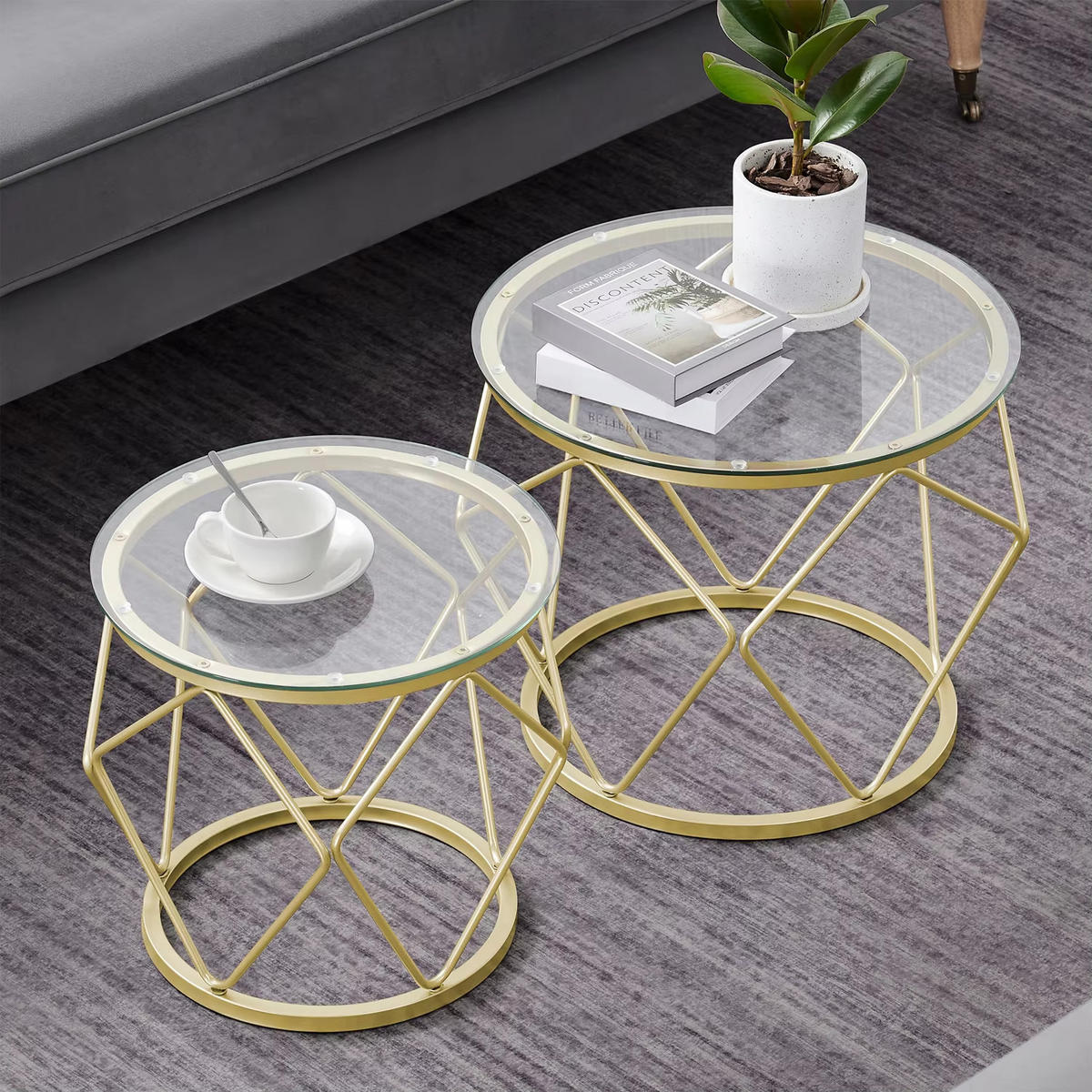 COUCHTISCH 2er Set rund Metallrahmen Beistelltisch - Goldfarben, Glas (50/50/40cm) - Kaket