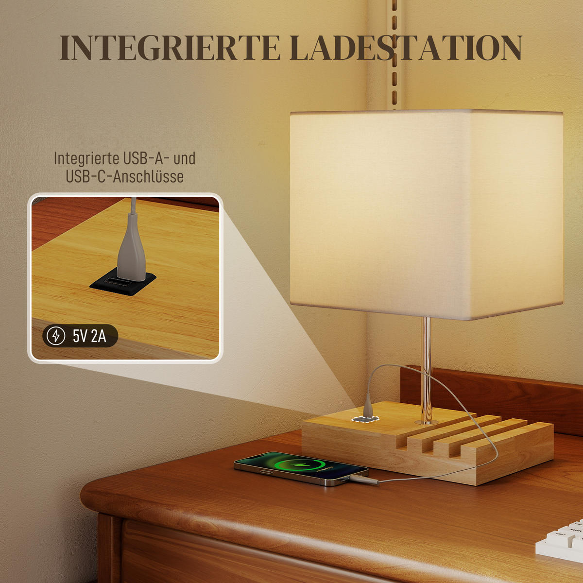 TISCHLAMPE Schreibtischlampe mit E27-Fassung exkl. Glühbirne - Weiß, Holz (25/20/40.5cm) - HOMCOM
