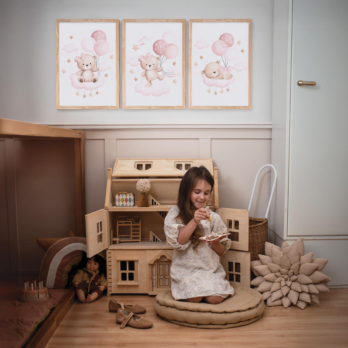 SADA PLAGÁTOV Do Detskej Izby Mackovia Balóny Oblaky A3 30 x 42 cm - biela/ružová, papier (30/42/1cm) - Muralo