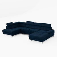 WOHNLANDSCHAFT MARRY Links Dunkelblau Velours-Stoff mit Schlaffunktion und zwei Bettkästen - Dunkelblau, Holz/Metall (335/90/190cm) - Barchello