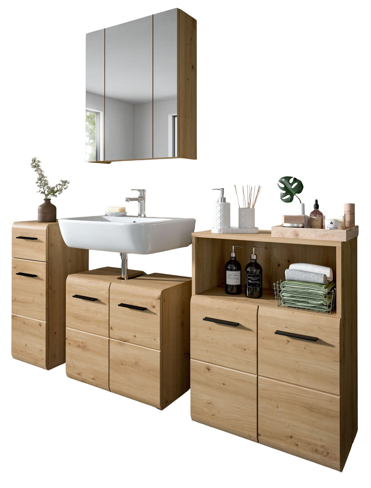 BADMÖBEL-SET 4-teilig in Artisan Eiche, Badkombination 180 x 185 cm, Cover - Schwarz/Eiche Artisan, Glas/Holzwerkstoff (180/185/30cm) - Inn.Furn