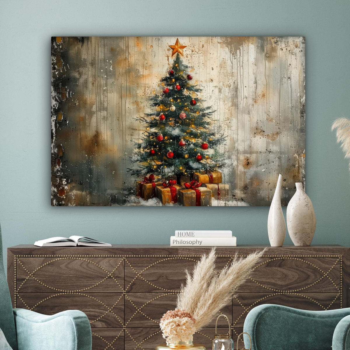 LEINWANDBILD Weihnachtsbaum - Vintage - Weihnachten - Geschenk Wohnzimmer 120x80 cm - Rostfarben, Textil (120/80cm) - MuchoWow