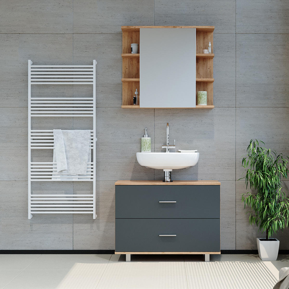 WASCHBECKENUNTERSCHRANK Ilias Anthrazit/Goldkraft Eiche 80 x 60.8 cm - Anthrazit/Eiche Wotan, Holzwerkstoff (80/60.8/33cm) - Vicco