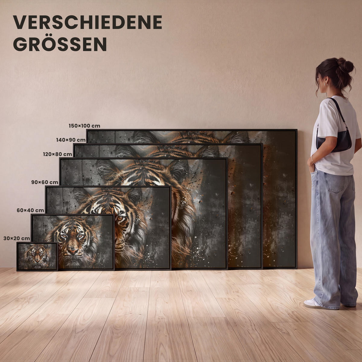 LEINWAND Bilder mit Rahmen - Tiger - Tiere - Porträt - Luxus - Schwarz - 140x90 - Braun, Textil (140/90cm) - MuchoWow