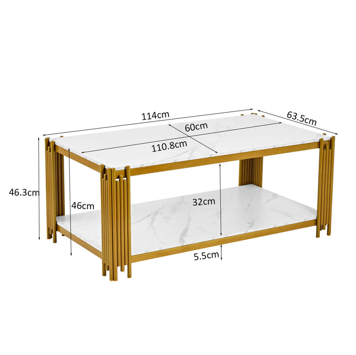 COUCHTISCH 114/64/46 cm weiß gold aus MDF mit 2 Ablagen - Weiß, Holzwerkstoff (114/64/46cm) - OKWISH