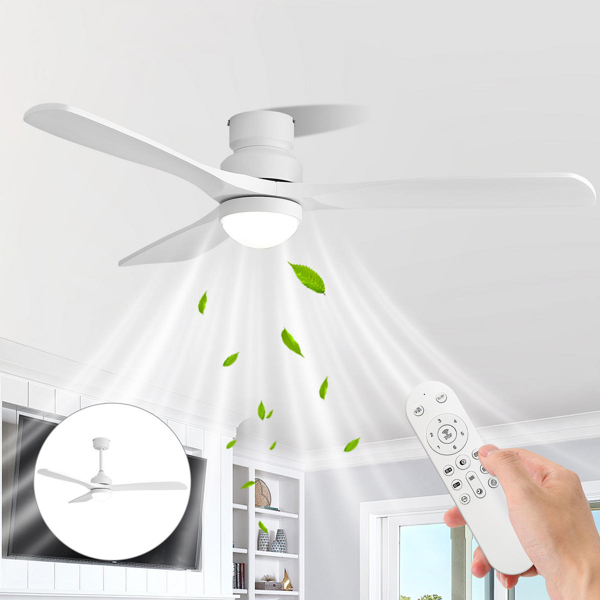 DECKENVENTILATOR 52Zoll Weiß LED Licht DC Motor Massivholz Flügel - Weiß, Kunststoff (132.08/132.08/28.8cm) - CASIVA