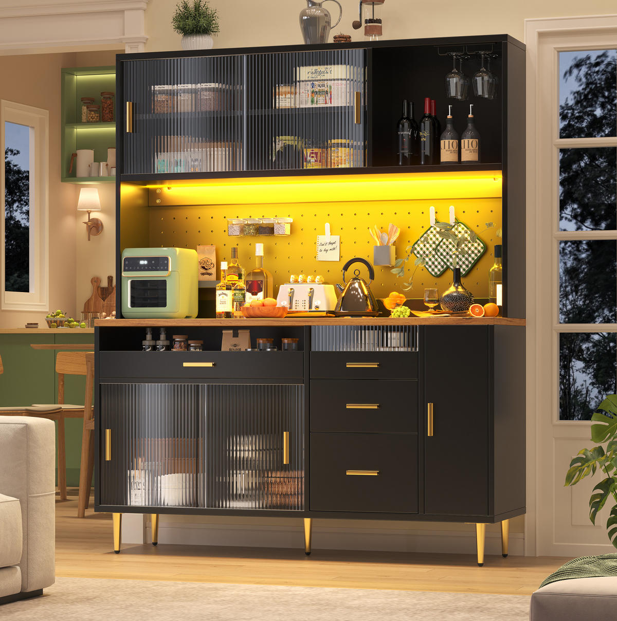 BUFFET 145/39/171 cm aus MDF und Glas mit LED-Beleuchtung und Glasschiebetüren Schwarz - Schwarz, Holzwerkstoff (145/171/24cm) - Modenvie