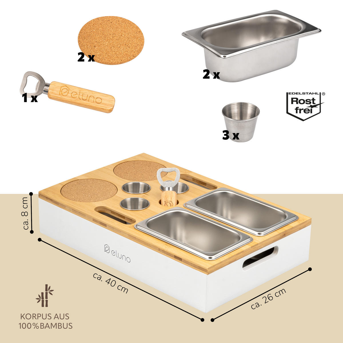 COUCHBAR mit abnehmbarem Deckel, Bambus, weiß - Creme, Holz (40/8/26cm) - eluno