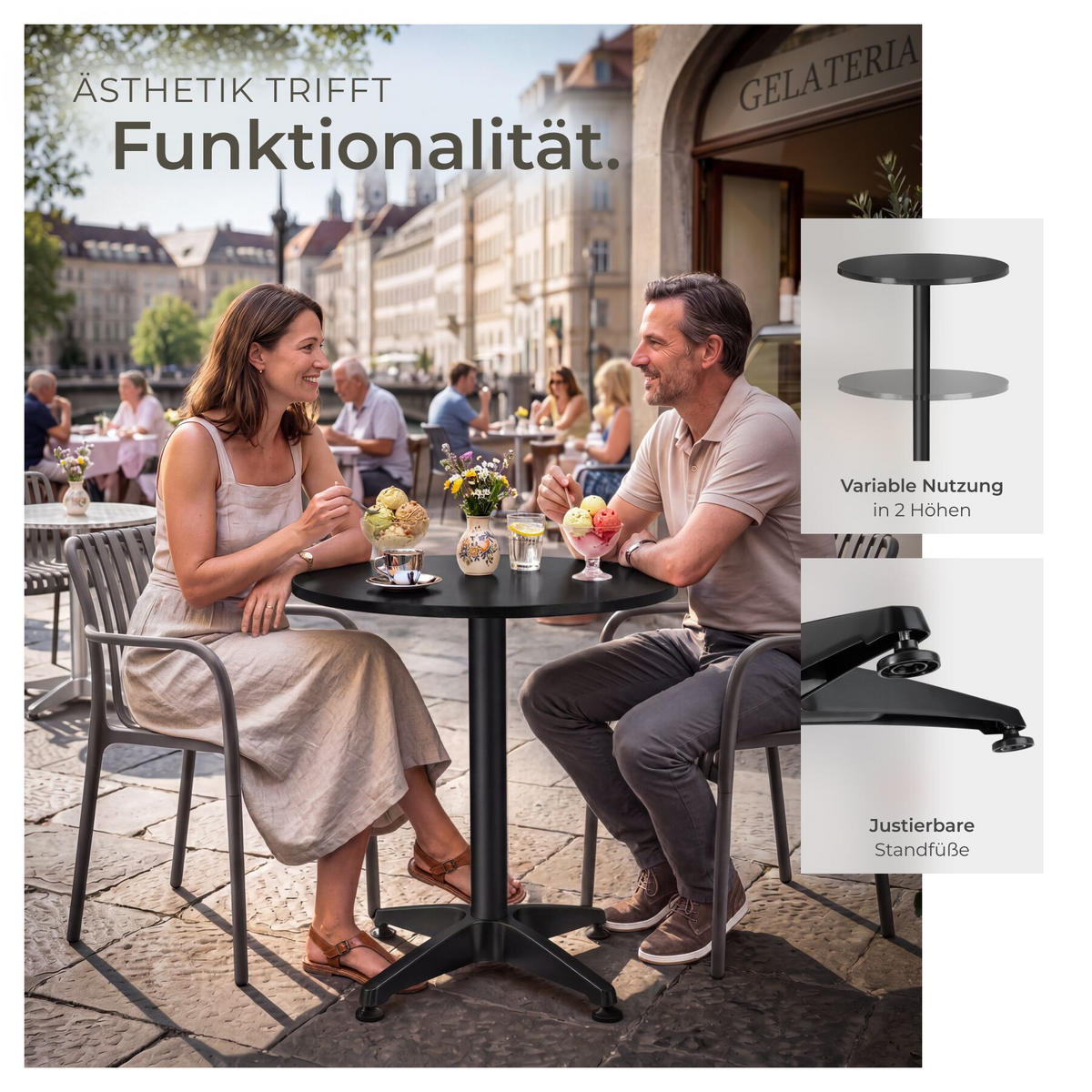 BISTROTISCH aus Aluminium Frederic, höhenverstellbare Kunststofffüße, schwarz - Schwarz, Holz (67/67/110cm) - tectake
