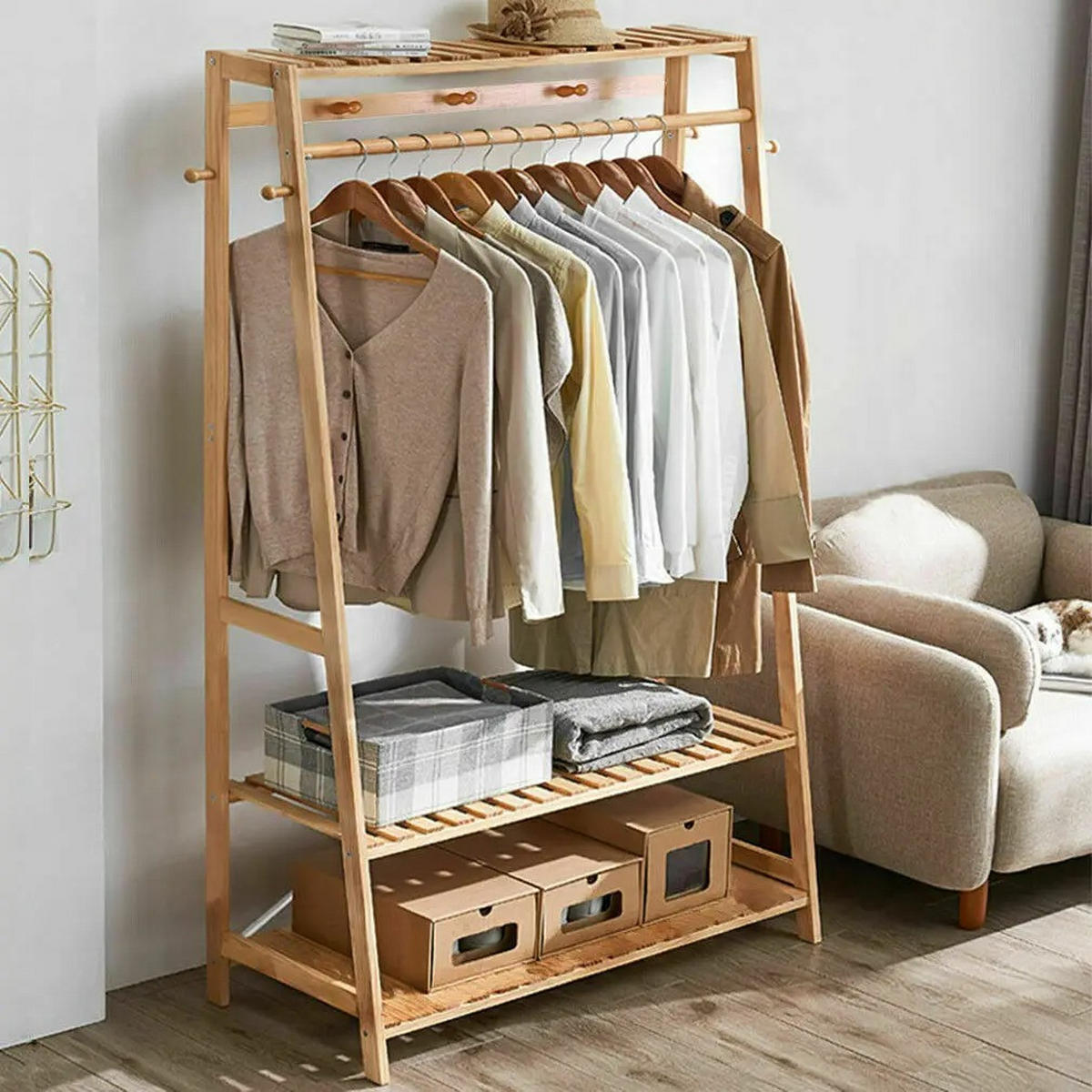 BAMBUS Kleiderständer mit Regal Natur - Gelb, Holzwerkstoff (80/165/43.5cm) - Kaket