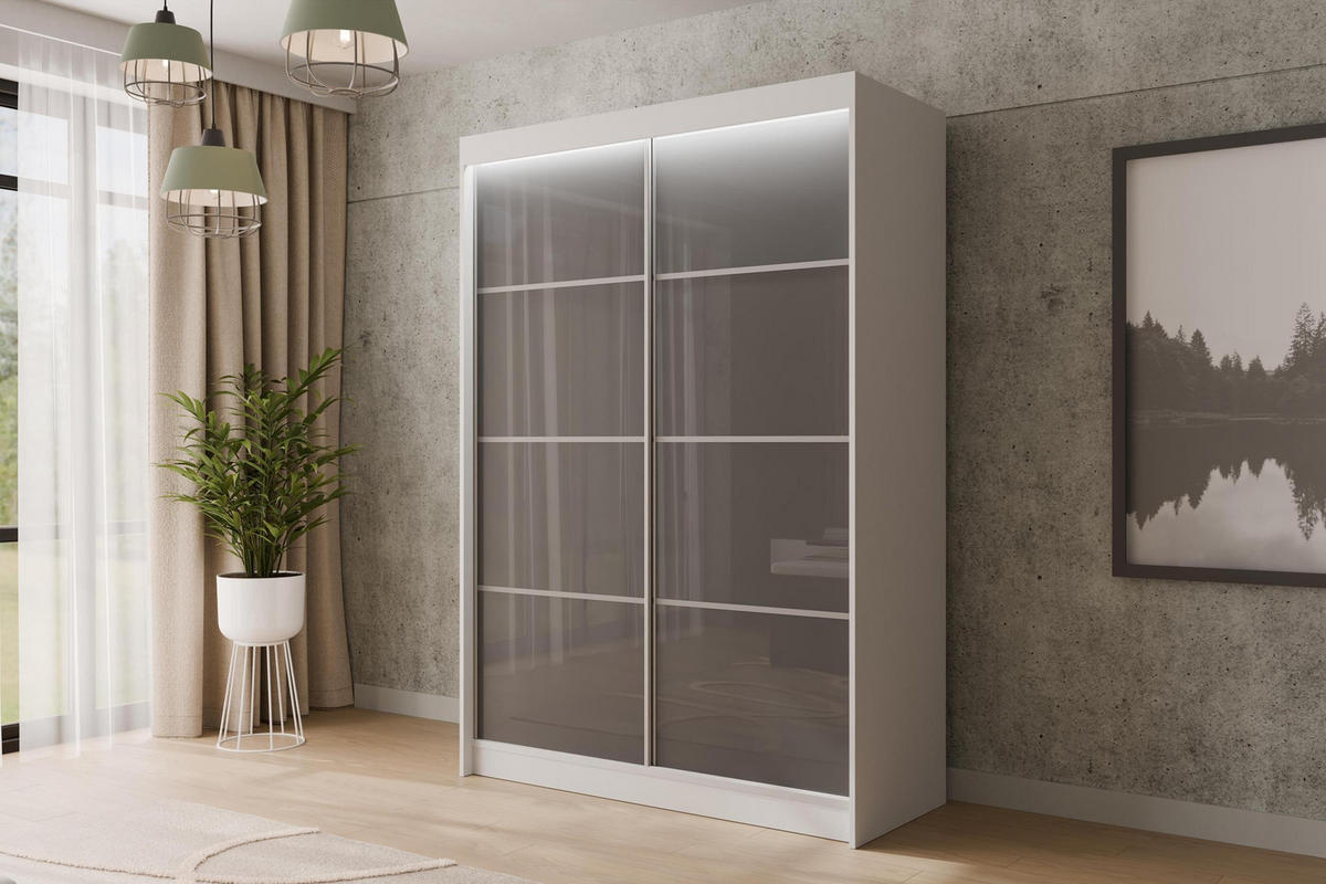 KLEIDERSCHRANK PEKA III mit LED - 150 cm - Weiß|Grau - Weiß/Grau, Holzwerkstoff (150/215/61cm) - ALTDECOR