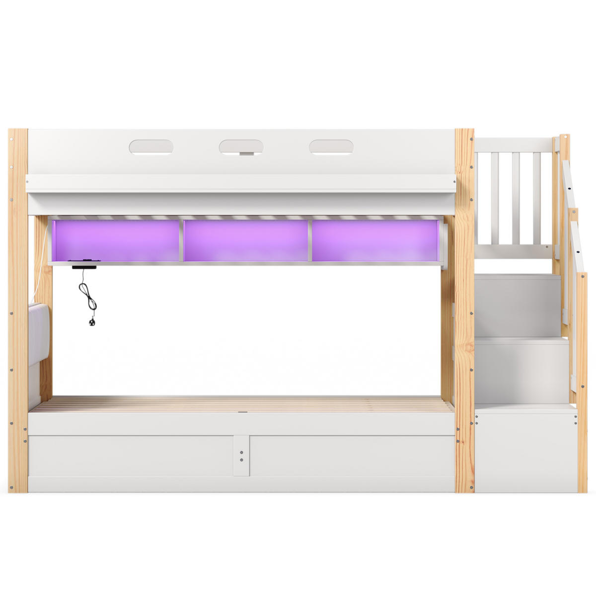 ETAGENBETT aus Kiefernholz und MDF 90x200+90x200 cm Weiß mit hydraulischem Unterbett, LED-Licht und Stauraumtreppe - Weiß, Holz (90/200cm) - Modfu